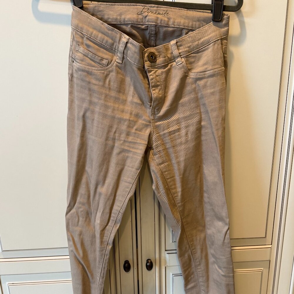 WOMENS TAN DYNAMITE DENIM SKINNY JEANS SIZE 27 PRE OWNED GOLD HARDWARE